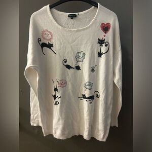Tricotto fun light White Sweater with Cat Print with rhinestones